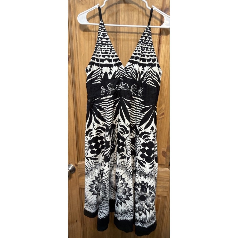 Black White Tropical Floral Sundress Spaghetti Strap Empire Waist Dress Women's